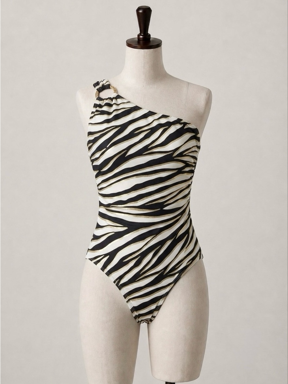 Micheal Kors One-Shoulder One-Piece (Gold/Zebra) Print Swimsuit